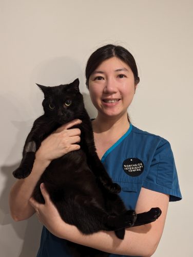 Dr Joyce smiling and holding a black cat